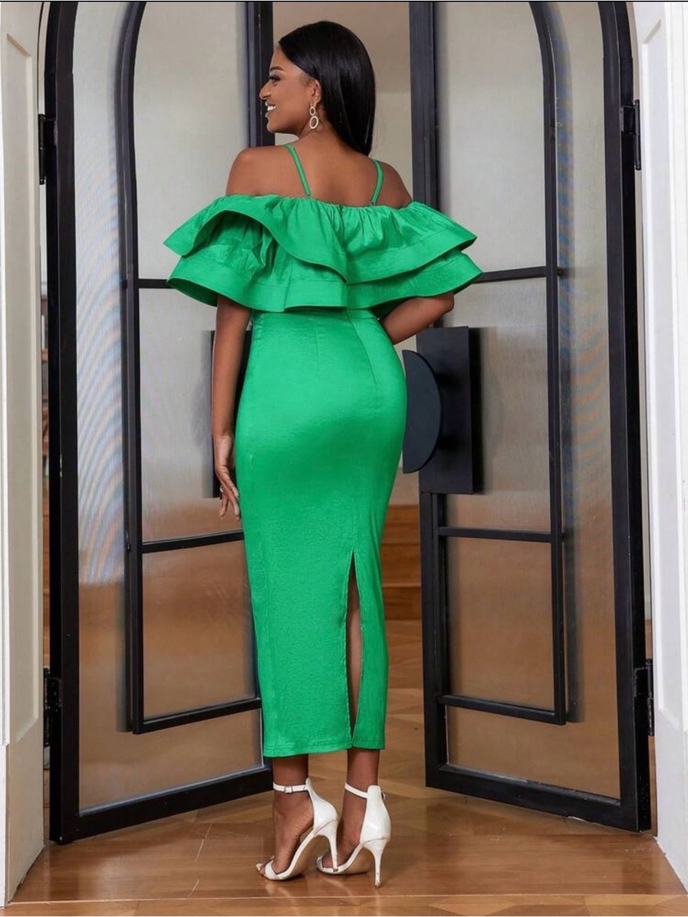 Green Ruffle Off-Shoulder Dress - Picture 2 of 5